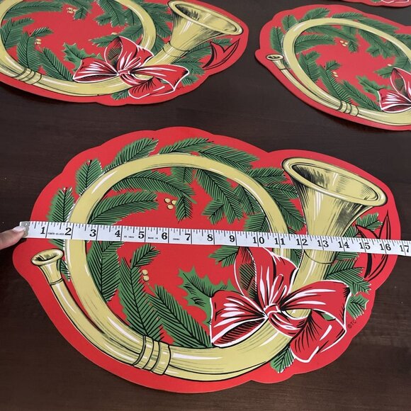 Vintage Town & Country Vinyl Christmas Placemats Red French Horn Bow Set Of 5 - Picture 6 of 8